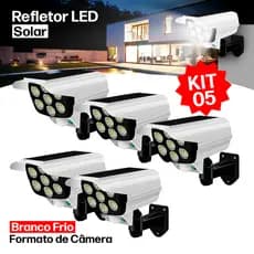 Kit 5 Refletor Solar com LED  Sensor de Movimento Câmera Falsa IP66 Externa Luz Fria Prova Dágua