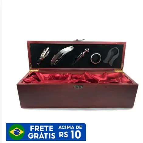 Kit Vinho Com 5 Peças Com Estojo E Porta Vinho De Madeira!