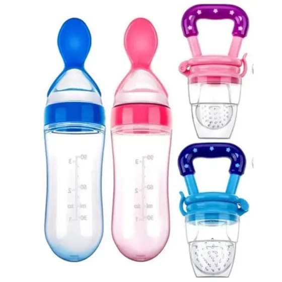 Kit Mamadeira de Silicone com Colher Dosadora e Chupeta Mordedor Porta Frutas