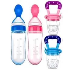 Kit Mamadeira de Silicone com Colher Dosadora e Chupeta Mordedor Porta Frutas