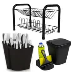 Kit Completo Organizador de Cozinha Escorredor de Louça em Aço + Lixeira 5L + Porta Detergente + Rodinho + Porta Talher
