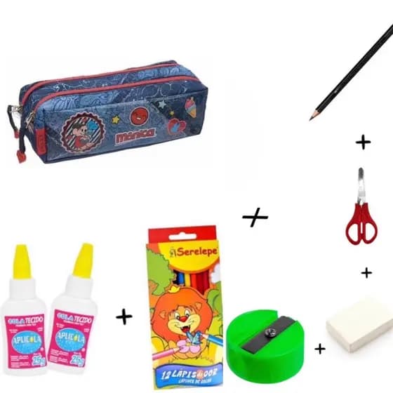 kit Estojo Duplo Infantil Mônica Turma Da Mônica Pet Patches voltas as aulas