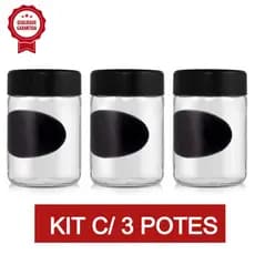 KIT 3 Potes de Vidro Porta Mantimento Porta Tempero Açucar Café Compota Temperos com Adesivo