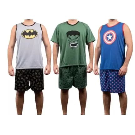Pijama Masculino Adulto Regata Estampa Super Heróis Curto Verão