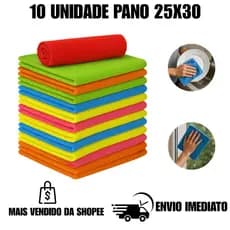 Kit 10 Panos de Microfibra 25x30cm Limpeza Multiuso Super Absorvente para Casa e Carro