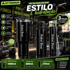Kit Garrafa e Copo 3 em 1 - 1800ml 800ml 270ml Academia Praia Viagem BPA Free