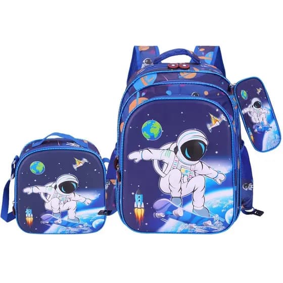 kit 3 Mochila Infantil Menino e Menina Bolsa Lancheira Estojo Estampas 3D