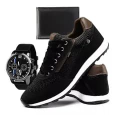 Tênis Sapatenis Masculino Jogger Jogging Couro Com Relógio e Carteira