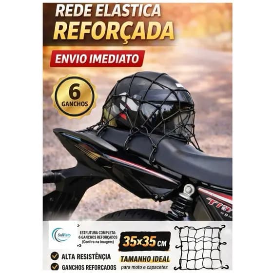 Rede Elástica Aranha Moto 42x42 Reforçada p/ Capacete Bagageiro Carga com Gancho – Alta Resistência Motoboy