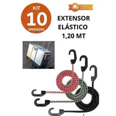Kit 10 Extensores Elásticos 1,20 Mt com Gancho Plastico Reforçado -Bagageiro Moto, Amarração Carga, Caminhão, Lona