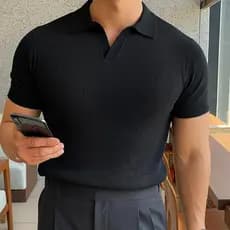 Camisa Gola Polo Texturizada Decote V - Camisa Slim - Malha canelada ELASTANO P ao G1