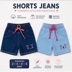 Short Jeans Infantil Feminino Menina Bordado Bermuda Jeans Claro/Escuro Cós Elástico 2 4 6 8 Anos