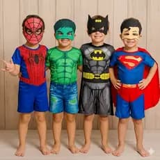 Kit 4 Fantasia Infantil Super Herói Macacão + Máscara EVA Homem Aranha Batman Hulk Super Homem