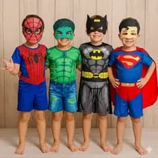 Kit 2 Fantasia Macacão + Máscara EVA Infantil Super Heróis Homem Aranha, Batman, Hulk ou Super Homem