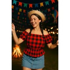 Blusa Flanelada Festa Junina Blusa Ciganinha Xadrez Cropped Blusinha