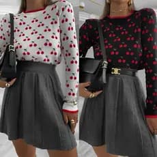 Blusa Tricô Tricot Cereja Cherry Suéter Agasalho Manga Longa Feminina Preto