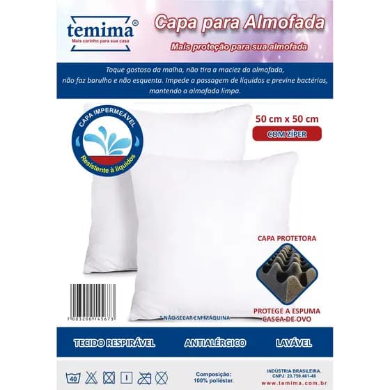 CAPA PARA ALMOFADA IMPERMEÁVEL BRANCA 50CMx50CM TEMIMA