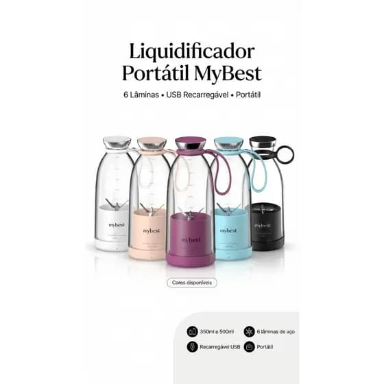 Garrafa Liquidificador Portátil MyBest 500ml ou 350ml Trituradora 6 Lâminas Mixer USB Recarregável Premium