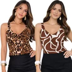 Kit 2 Blusas Regata Feminina Alça Larga Crepinho Poliéster com Forro Interno Leve Macio Primaveras