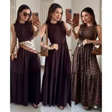 VESTIDO LONGO MALHA VISCOLYCRA TRES MARIAS CONFORTAVEL REGATA GOLA REDONDA MODA EVANGELICA