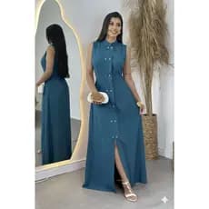 VESTIDO LONGO REGATA GOLA ALTA BOTÃO E FENDA BOLSO MODA CASUAL ELEGANTE EVANGELICA FESTA CASAMENTO 01