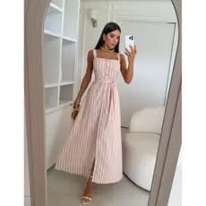 VESTIDO LONGO DE BOTÃO LINHO COM ELASTANO FENDA LISTRADO MODA EVANGELICA LISO 010