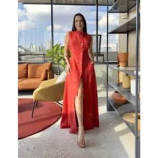 VESTIDO LONGO REGATA GOLA ALTA BOTÃO E FENDA BOLSO MODA CASUAL ELEGANTE EVANGELICA 01