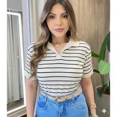 BLUSA CAMISETA FMININA POLO T SHIRT LISTRADA CASUAL DIA A DIA MALHA VISCOLYCRA  BLOGUEIRA BASICA