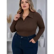 Blusa camiseta MANGA LONGA feminina PLUS SIZE polo ribana canelada confortavel algodão dia a dia casual elegante 020