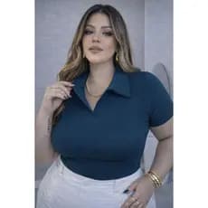 camiseta t shirt polo listrada canelada confortavel manga curta feminina dia a dia casual PLUS SIZE