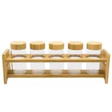 Conjunto Porta Temperos de Vidro 5pcs c/ Suporte de Bambu Wolff