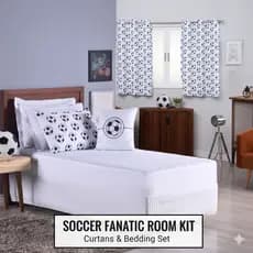 Kit Jogo de Cama 5 Pçs Sleep + Cortina Branco Futebol Quarto Decoração Menino Menina Promoção Barato