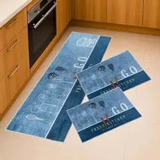 Jogo de Tapetes Cozinha 3 Pçs Passadeira Anitderrapante Azul Talheres Decoração Lavável Macio Estilo