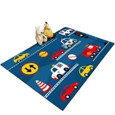 Tapete Infantil Carros Menino Kids Divertido Azul Quarto Bebê Antiderrapante Decoração Lavavel Macio