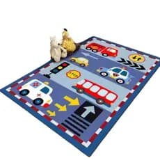 Tapete Infantil Carros Trânsito Quarto Menino Azul Antiderrapante Kids Macio Bebê Decorativo Lavavel