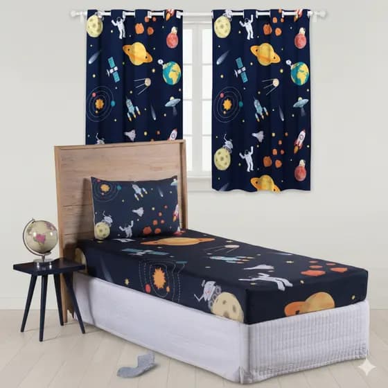 Kit 3 Pçs Lençol Fronha Solteiro e Cortina Astronauta Espaço Menino Menina Quartos Decoração Lavável