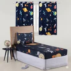 Kit 3 Pçs Lençol Fronha Solteiro e Cortina Astronauta Espaço Menino Menina Quartos Decoração Lavável