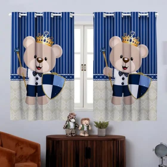 Cortina Quarto Infantil Urso Azul Marinho Reizinho 2,00x1,40 Bebê Baby Menino Decoração Lavável Fofo