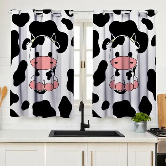 Cortina de Cozinha 1,00x1,40 Vaquinha Branca Decoração Fofa Lavável Estilo Barato Promoção Estampada