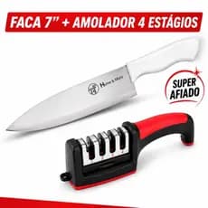 Kit Faca Cozinha + Amolador Profissional Inox  Corte Preciso Alta Durabilidade.