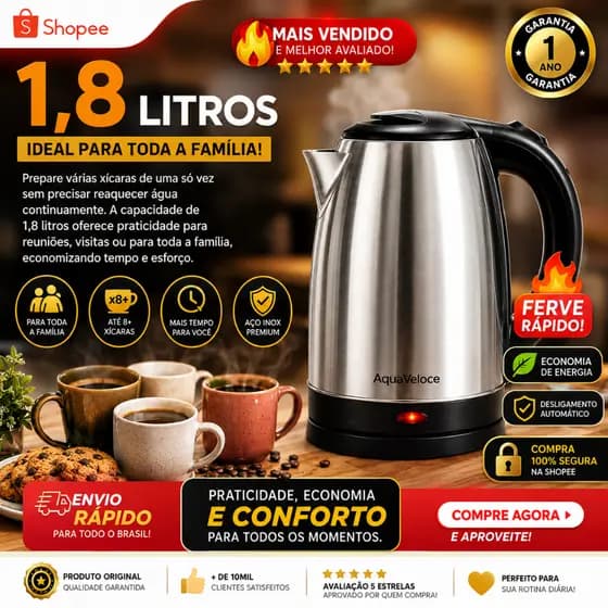 Chaleira Elétrica Inox 1,8L 1000W 127V Base 360° Desligamento Automático Aquecimento Rápido