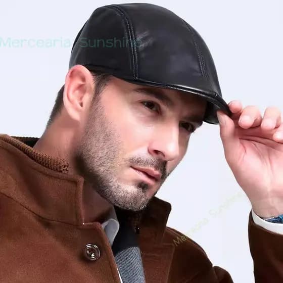 Boina Italiana masculina lisa - Boinas Italiana Estilo Inverno Touca Boné Couro ecológico Preta