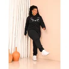 Conjunto Moletom Feminino Plus Size Flanelado Com Capuz e Bolso na Calça Estampa De Gato