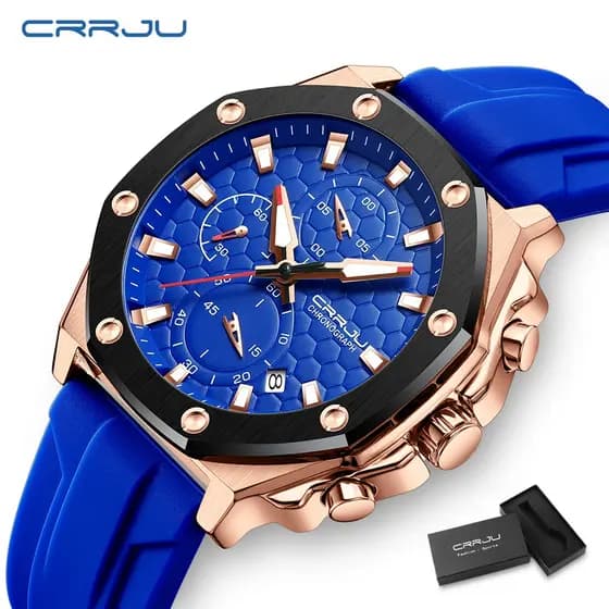 Relógio Masculino CRRJU Marca Original Multi-Função Cronógrafo Grande Mostrador Mãos Luminosas Pulseira De Silicone Casu