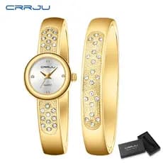 Relógio Feminino CRRJU Novo Original Autêntico Aço Inoxidável Pequeno Mostrador Ouro Pulseira De Luxo Design Elegante E