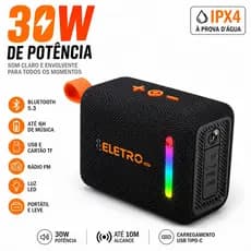 Caixa de Som Bluetooth Portátil 30W IPX4 Bluetooth 5.3 USB Rádio FM LED USB-C Caixa Resistente à Água