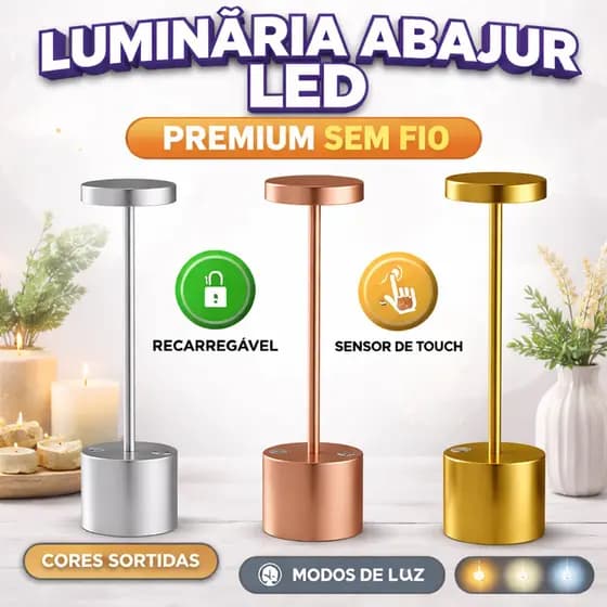 Luminária Abajur LED Sem Fio Recarregável Touch 3 Modos de Luz – Luminária de Mesa Decorativa Metalizada