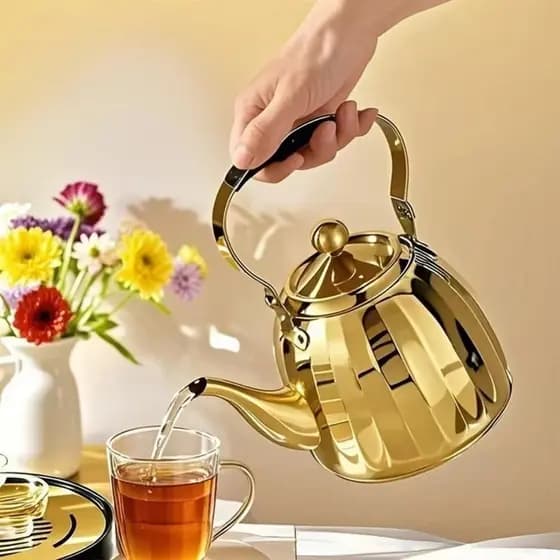 Bule Dourado Com Infusor Inox 1L Fogão Gás e Indução Chaleira Café Chá Elegante Luxo Premium
