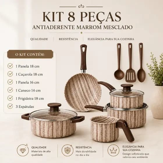 Jogo de Panelas 8 Peças Antiaderente Luxo Tampa de Vidro, Com Utensílios