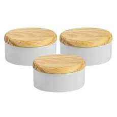 Kit 10 porta joia de porcelana com tampa de madeira pinus potinho de louça 8,5cm